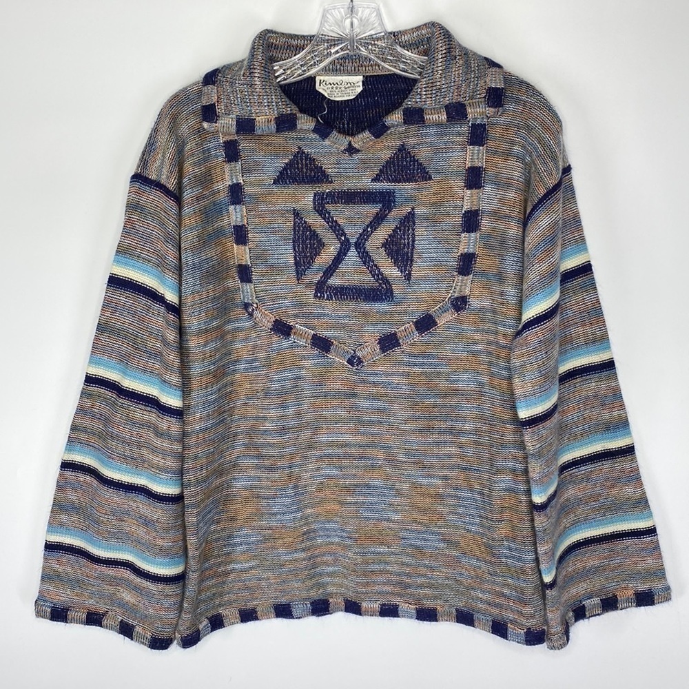 Vintage Kimlon Southwestern Striped Blue Orange Sweater Small